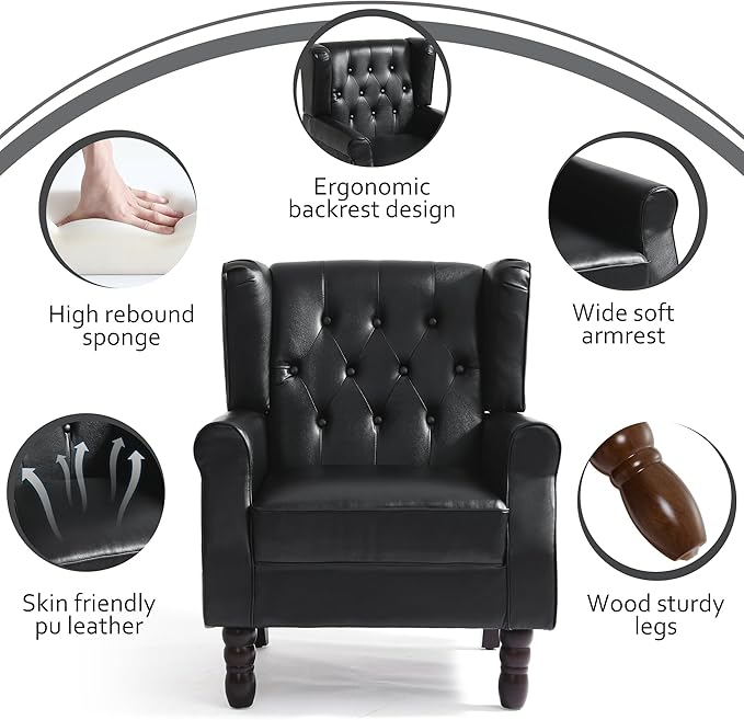 Faux Leather Accent Chairs Set of 2, High Back Upholstered Chair with Button Tufted, Mid-Century Modern Comfy Wingback Chair Reading Armchair for Living Room for Bedroom, Office-P Black
