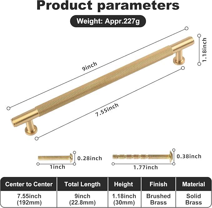 Solid Brass Kitchen Cabinet Pulls,7-1/2 Inch Brushed Matt Gold Dresser Drawer Handles, Modern Furniture Hardware Door Pulls for Cupborard Wardrobe Closet Vanity