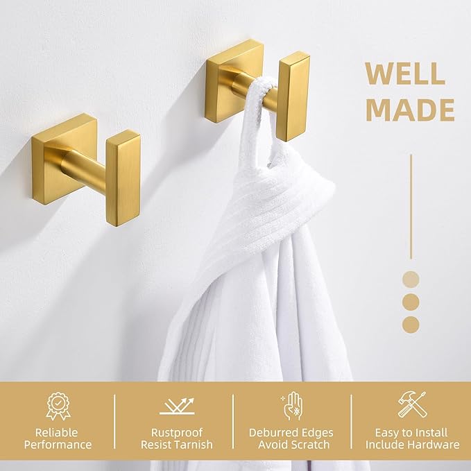 Angle Simple Towel Hooks for Bathroom, SUS304 Stainless Steel Square Robe Coat Wall Hooks, Hand Towel Holder, Brushed Dark Gold, 2 Pack