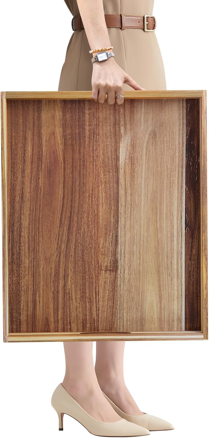 MAONAME Extra Large Ottoman Tray, 22 x 18 inches Acacia Wooden Serving Tray for with Handles,Farmhouse Wooden Decorative Trays, Coffee Table Trays for Living Room, Countertop, Charcuterie