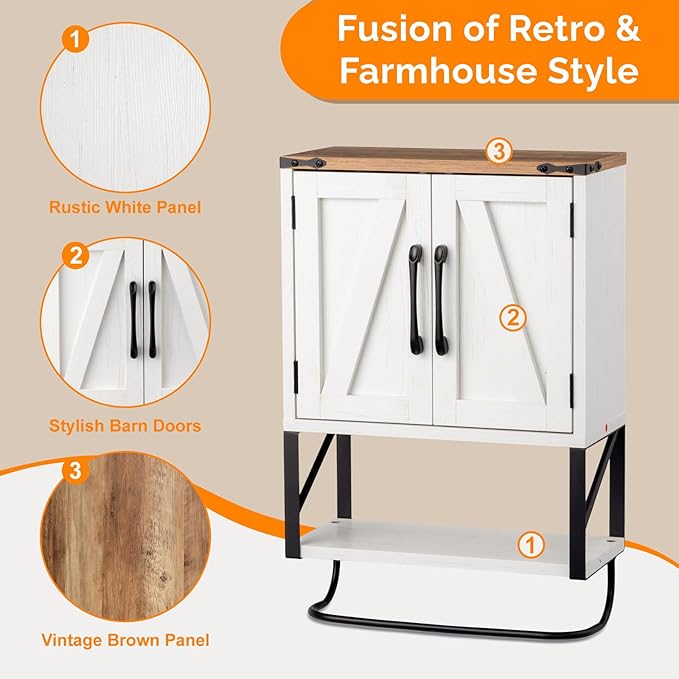 VINGLI Small Bathroom Medicine Cabinet with Tower Bar 7.1"D x 15.4"W x 23.3"H Farmhouse Wall Cabinet Over Toilet Storage with Adjustable Shelf Wall Mounted for Bathroom Kitchen (Rustic White & Brown)