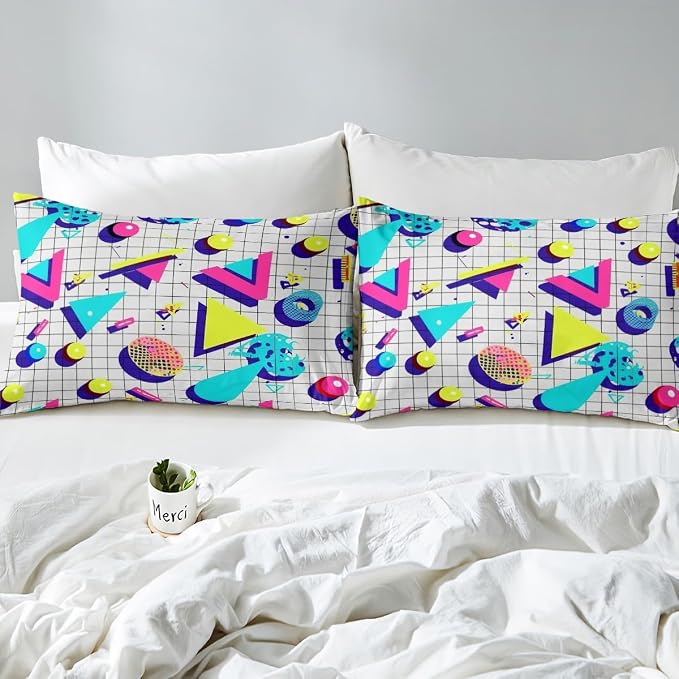 80s 90S Fashion Style Bedding Set Queen Size,Retro Memphis Style Pattern with Geometrical Shapes Duvet Cover for Kids Child,Funky Hipster Old Fashioned Comforter Cover Geometric Bedroom Decor