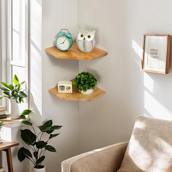 Corner Wall Shelf, Corner Floating Shelf Solid Oak Wood Display Shelf with Wire Hole Small Plant for Kitchen Living Room