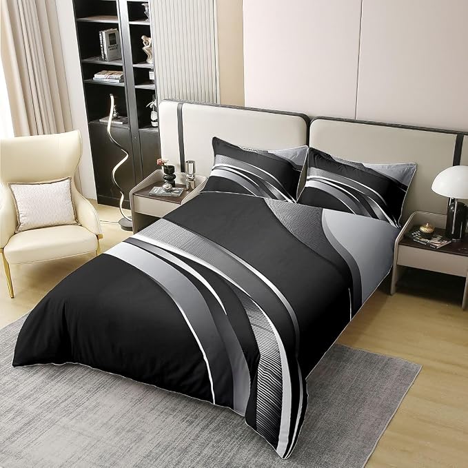 Erosebridal Gray Black Striped 100% Cotton Duvet Cover Full Modern Abstract Bedding Set for Kids Teens Adults Geometric Lines Comforter Cover Aesthetic Boho Bed Set 3 Pcs