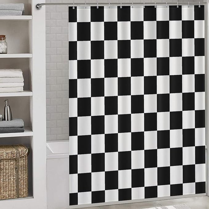 70s Black Checkered Shower Curtain for Bathroom, Retro Vintage Hippie Groovy Checkboard Abstract Modern Cute Bright Funky Waterproof Fabric Shower Curtain Set with Hooks, 72"x84"