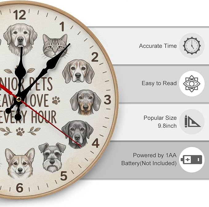 Senior Pets Leave Love Art Wooden Wall Clock Silent Non-Ticking Quartz Mechanism | Animal Breeds Home Decor for Kitchen Office Gift, Battery Operated 10 & 12 Inch Frameless
