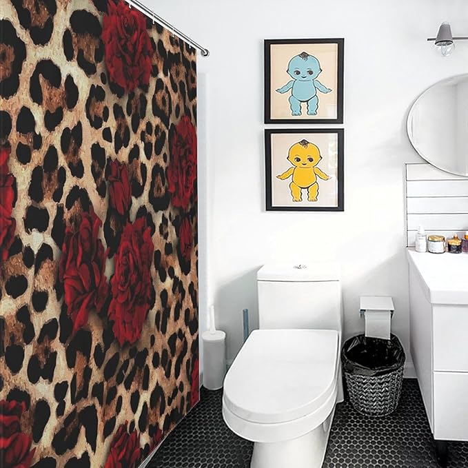 Leopard Rose Flower Shower Curtain Brown Wild Animal Skin Print Cute Red Rose Floral Valentine's Day Creative Modern Art Waterproof Shower Curtains for Bathroom Decor 12 Pack Hooks 72x72in (183x183cm)