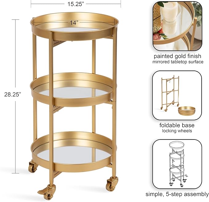 Kate and Laurel Celia Modern 3-Tier Bar Cart, 16 x 16 x 29, Gold, Decorative Round Rolling Serving Cart with Lockable Wheels and Three Tiers of Storage and Display Space