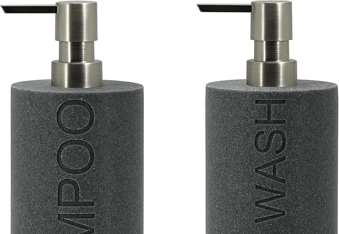 Resin 2 Pack Shampoo, Conditioner or Body Wash Dispenser Set, Luxurious Refillable Pump Bottles with Matte Pump Top and Embossed Text, Durable Design for Bathroom and Shower