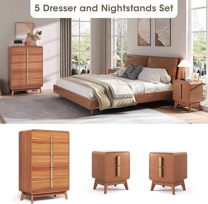 Mid Century Modern Bedroom Sets, 5 Drawer Dresser and Nightstand Sets for Bedroom, Night Stand Set 2 & 5 Drawer Dresser with Gold Handles, Wood Chest of Drawers Storage Cabinet Set, Cherry