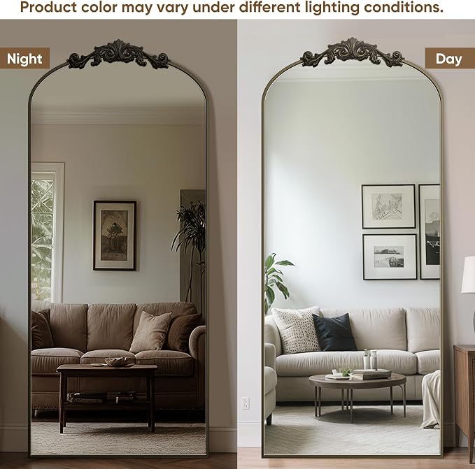 Antok Arched Full Length Mirror, 78"x38" Floor Mirror with Carved, Full Body Mirrors for HomeDecor, Standing/Halling Large Wall Mirror for Bedroom, Living Room, Cloakroom, Bronze, Retro Style