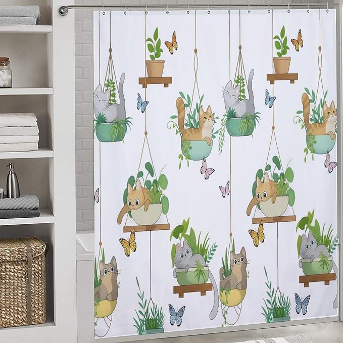 Cat Shower Curtain,Rustic Farmhouse Hanging Potted Plants Funny Animals Bathroom Curtain Polyester Waterproof Fabric Decor 72x72in（183x183cm）