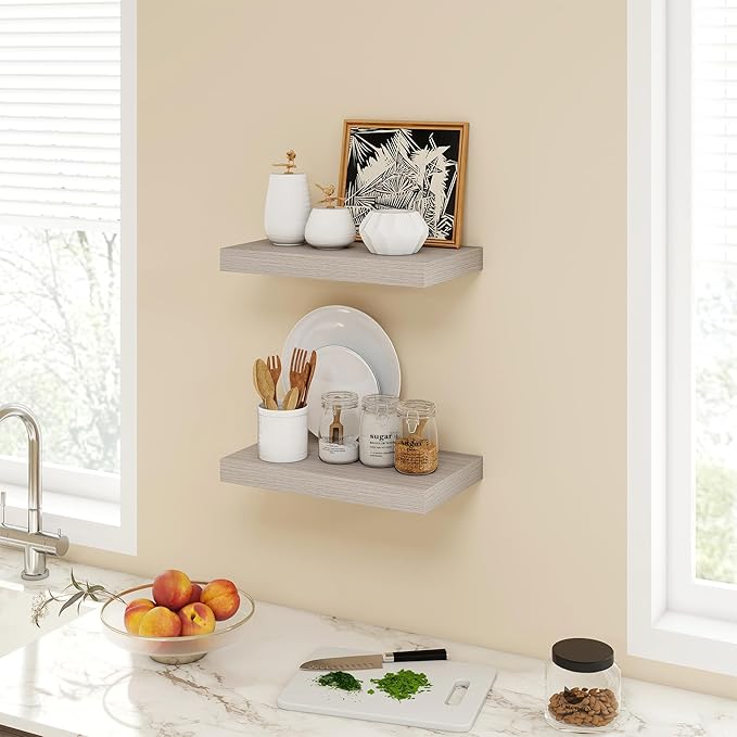 16 Inch Floating Shelves, 9.3" Deep Floating Shelf Wall Mounted, 16" Wall Shelves, Rustic Deep Bookshelf, Large Display Shelves & Storage Shelves for Bedroom, Living Room, Greige, Set of 2