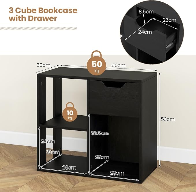 LOKO 3-Cube Bookshelf with Drawer Set of 2, 2-Tier Open Shelf Bookcase, Freestanding Display Shelf, Modern Home Storage Organizer, Shelving Unit for Living Room, Study, Office (1, Black)