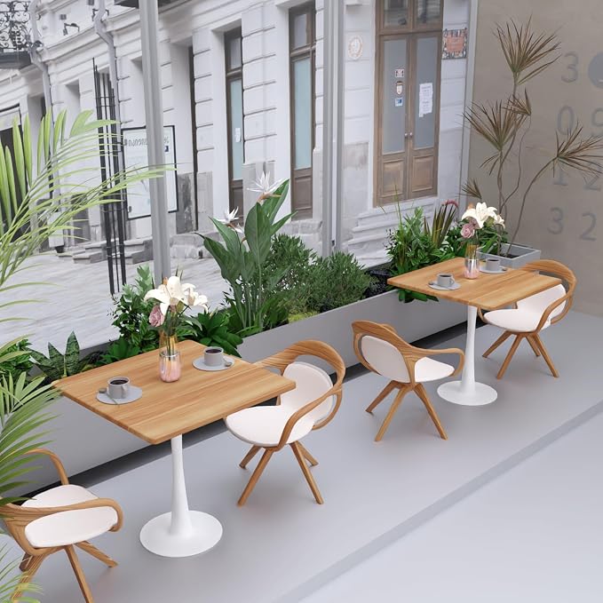 23.6" Square Small Dining Table for 2, Tulip Bistro Table with White Metal Pedestal Base, Modern Mid-Century Compact Kitchen Dining Piece for Home, Café, Restaurant, or Office