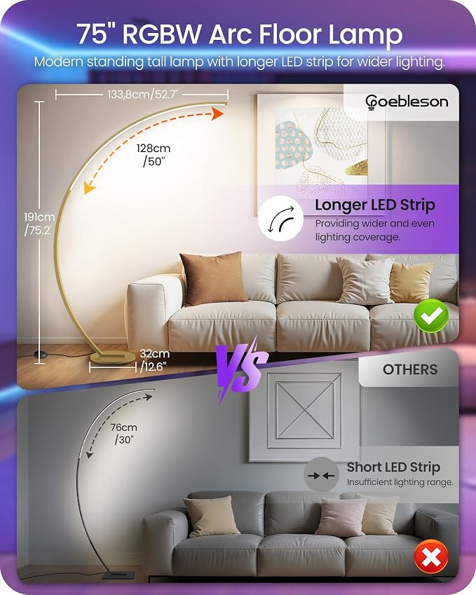 RGBW Floor Lamp, 75 inch Standing Tall Lamp, Dimmable Arc Floor Lamp for Living Room with Foot and Remote Control, 18 DIY Colors, 3000K-6000K White, Color Changing Ambient Light, Gold RD62LD05