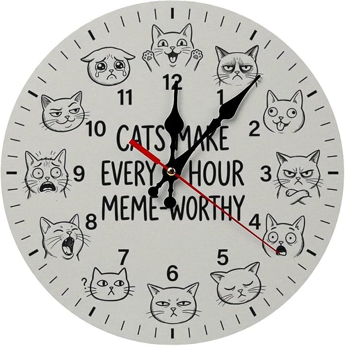 Funny Cat Expressions Wooden Wall Clock Silent Non Ticking | Cute Kitty Animal Art Decor for Kids Room Bedroom Living Room Kitchen Office Unique Gift 10 12 Inch
