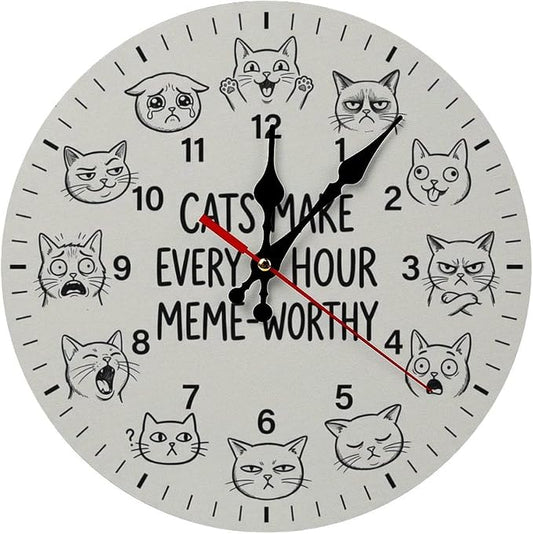 Funny Cat Expressions Wooden Wall Clock Silent Non Ticking | Cute Kitty Animal Art Decor for Kids Room Bedroom Living Room Kitchen Office Unique Gift 10 12 Inch