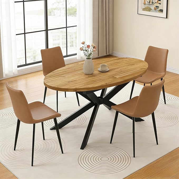 63"-78.7" Extendable Round Dining Table Set for 4, 5 Piece Mid Century Modern Oval Kitchen Table Set, Large Dining Table with 4 Dining Chairs for Living Room Space Saving（Walnut Table+4 Brown Chairs)