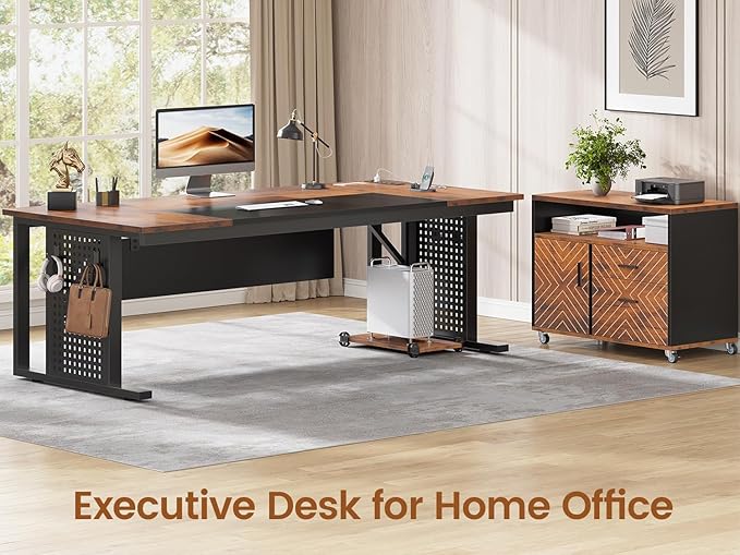 SEDETA 71" Executive Desk with Rolling File Cabinet, Large Office Desk with Drawers, L Shaped Computer Desk with Power Outlets, CPU Stand, Pegboard and Storage Shelves, Rustic Brown