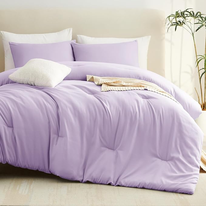 CozyLux Twin Comforter Set College Dorm Essentials, 2 Pieces Lavender Twin Extra Long Solid Bedding Set, Light Purple Bed Set with Down Alternative Comforter and 1 Pillowcase, Back to School Room Gift