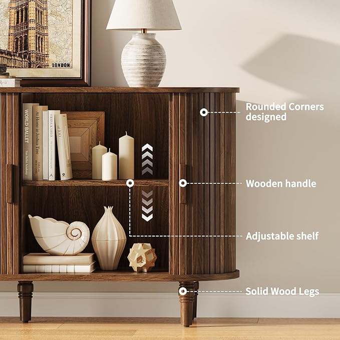 Sideboard Buffet Cabinet with Storage - Accent Kitchen Credenza Console Table with Sliding Door & Adjustable Shelf, Fluted Coffee Bar Sideboards for Living Room, Dining Room, Entryway, Walnut