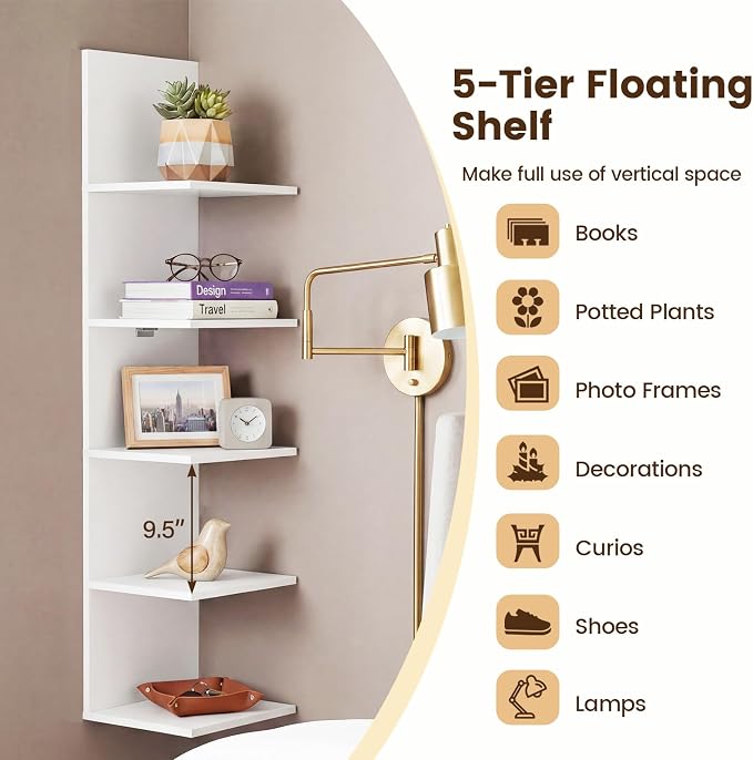 GOFLAME 5-Tier Wall Shelf, Wooden Display Floating Shelves, Wall Mounted Bookshelf Shelving Unit, Modern Storage Organizer Vanity Shelves for Living Room, Bedroom, Home Office (2,White)
