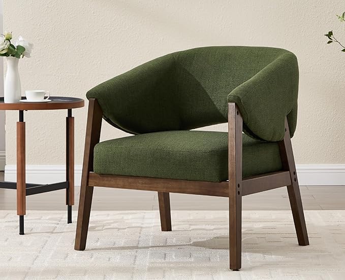 CIMOTA Mid-Century Modern Accent Chairs Set of 2, Comfy Barrel Armchairs with Wide Seat, Upholstered Lounge Chairs with Walnut Wood Legs for Living Room/Reading Corner, Linen Fabric, Deep Green, 2PCS