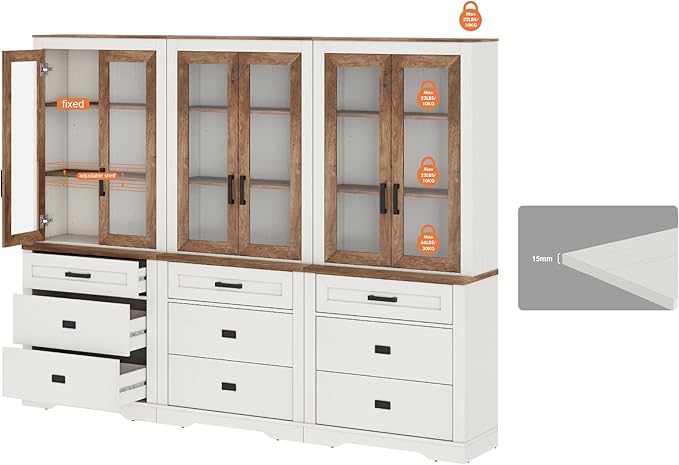 WAMPAT 3 Column 73.3" Tall Bookcase with Glass Door, 94.5" Wide Rustic Wood Bookshelves with Chest of Drawers, Modern Farmhouse Display Cabinet with Adjustable Shelves for Home,Office,White&Oak