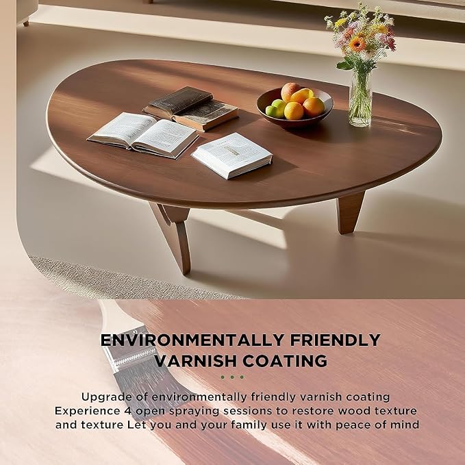 Solid Wood Triangle Coffee Table,Unique Mid Century Modern Oval Coffee Table,Irregular Geometric Tea Tables for Home Living Room with Wooden Tabletop and Reinforced Legs Walnut 43" L x 31" W x 16" H