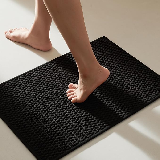 Black Bathroom Rugs Non Slip Washable, Super Absorbent Thin Bath Mat Quick Dry Low Pile Bathroom Rug, Black 20''x30''