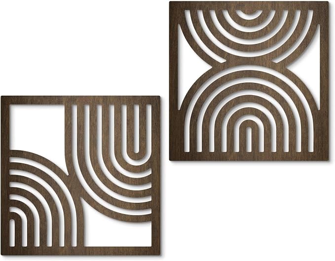 Putuo Decor Geometric Abstract Wall Art Set of 2, Modern Square Wooden Modern Arched Wall Decor for Living Room Bedroom Entryway, Minimalist Brown Wall Sculpture