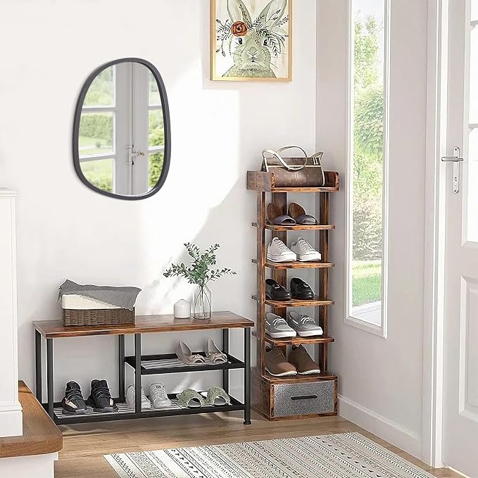 Irregular Wood Frame Asymmetrical Oval Mirror - Unique Modern Wall Mounted Artistic Mirror for Bathroom, Bedroom, Living Room & Entryway - Decorative 16"x12" Grey