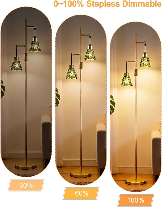 2-Light Modern Glass Floor Lamp, Gold Standing Tall Lamp with Green Shell Glass Shade, Dimmable LED Floor Lamp with 5Lbs Heavy Base for Living Room Bedroom Home Decor, Bulb Included