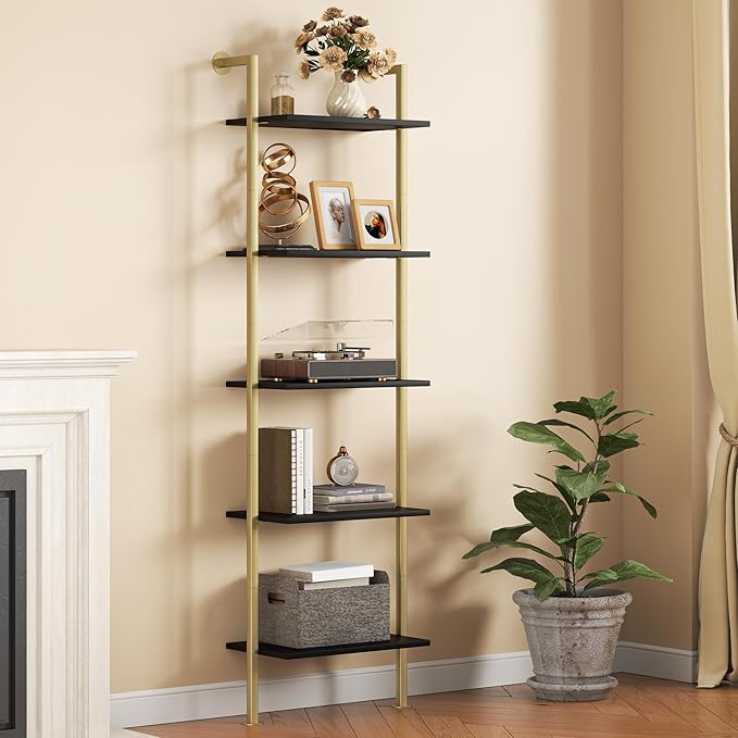 Acovy 5-Tier Bookshelf - Solid Wood Narrow Bookcase Set of 2, Wall Mount Ladder Shelf, Storage Rack for Living Room, Bedroom, Bathroom, Black and Gold