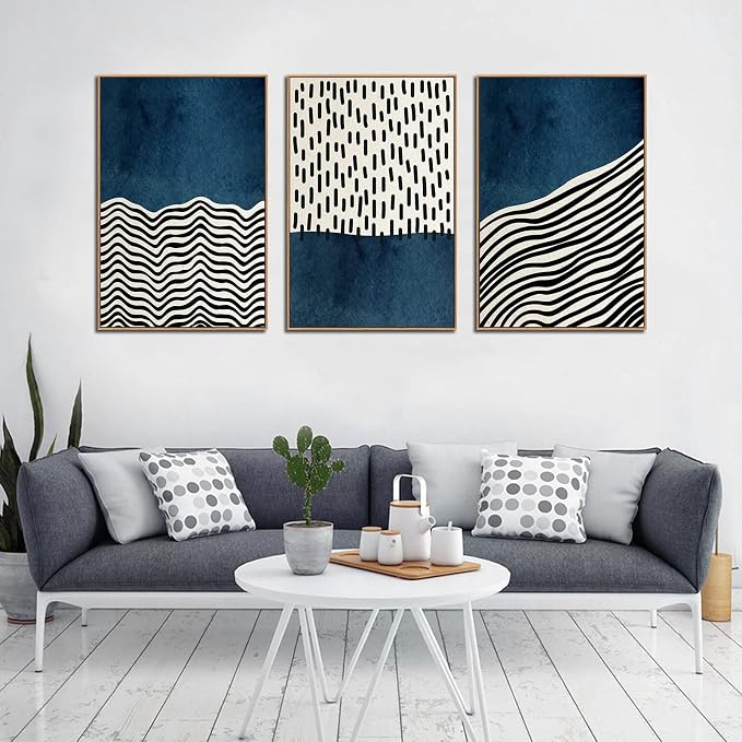 Framed Wall Art Canvas Set Mid Century Boho Picture Modern Abstract Geometric Lines Wall Decor Minimalist Black Indigo Canvas Painting Artwork Living Room Bedroom Home Office 24"x36"x3 Natural