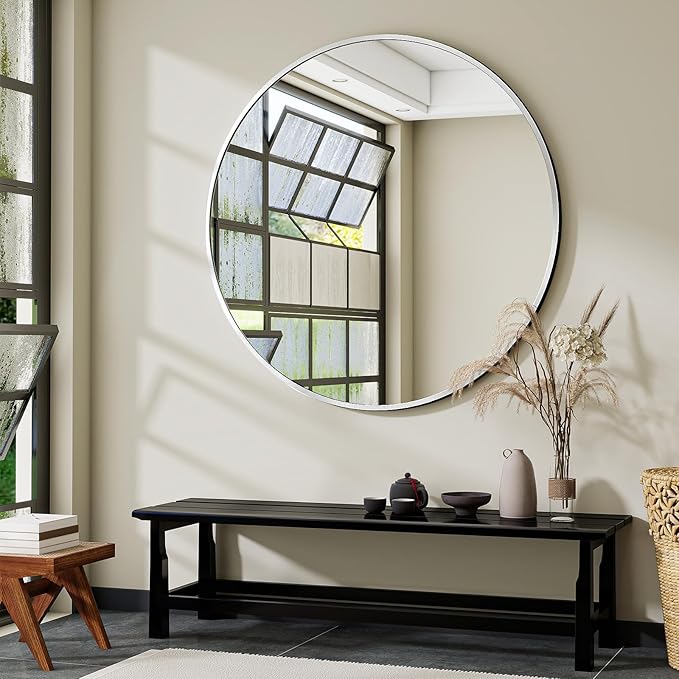VooBang Large Silver Round Bathroom Mirror, 48 inch Circle Wall Mounted Hanging Mirror with Simple Modern Circular Metal Frame for Hallway, Entryway, Living Room, Silver Frame