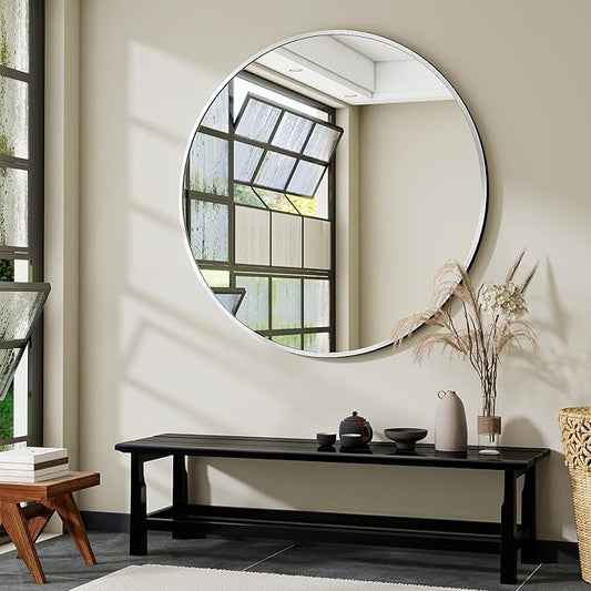 VooBang Large Silver Round Bathroom Mirror, 48 inch Circle Wall Mounted Hanging Mirror with Simple Modern Circular Metal Frame for Hallway, Entryway, Living Room, Silver Frame