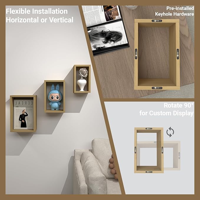 Premium Light Oak Floating Cube Shelves, Eco-Friendly Wood Box-Style Wall Storage Display Set of 3 — Pre-Assembled, Ready to Use, Modern Decorative Wall Shelf Units for Living Room, Bedroom & Office