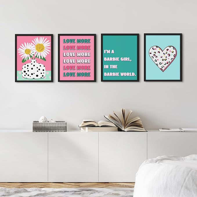 SIGNWIN Framed I'm a Barbie Girl in The Barbie World Wall Art, Set of 4 Heart, Chrysanthemum Illustration Wall Decor Prints, Preppy Room Decor Wall Décor for Living Room, Bedroom - 11"x14"Black