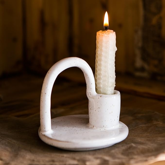 Candle Holder, Ceramic Candle Holder, Christamas Candlestick Holder, for Taper Candles, Vintage Home Decor - White Taper Holder with Handle and Spots - Rustic Style