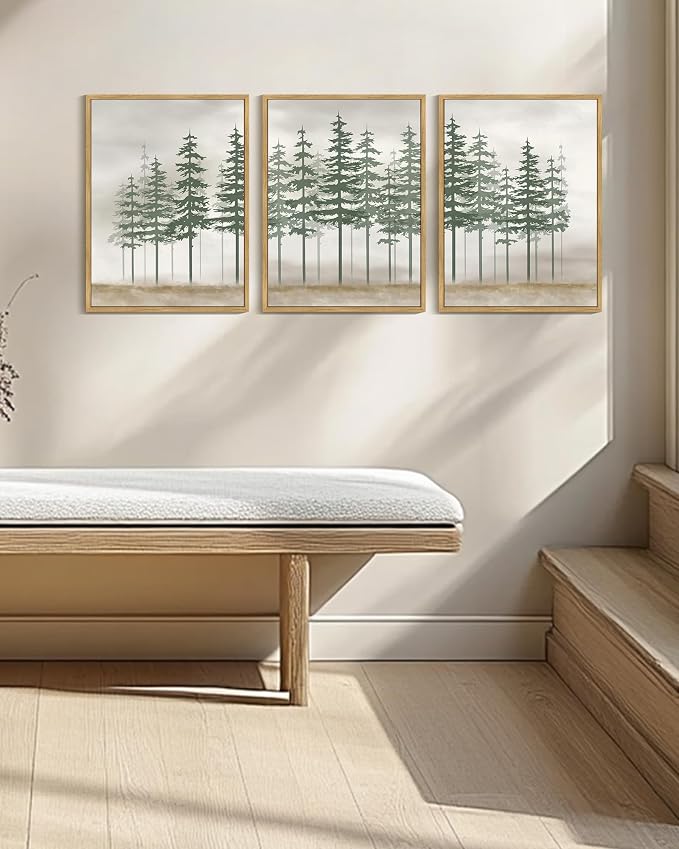 KUVIOKE Green Foggy Misty Pine Tree Framed Canvas Wall Art Watercolor Nature Abstract Forest Wall Decor Rustic Minimalist Painting for Bedroom Dining Room 12x16in (Natural Framed)