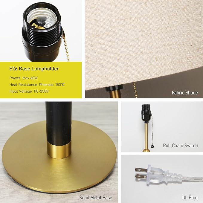 18.9" Modern Mid Century Table Lamp Pull Chain Bedside Lamps for Nightstand Lamp for Bedroom Living Room 3-Color Light Solid Wood/Metal/Fabric for Home Office Dorm Decor (Light Brown+Brass)