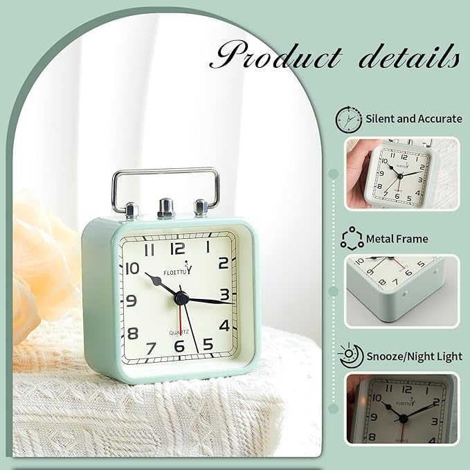 FLOITTUY Square Metal Beep Alarm Clock Silent No Ticking, Snooze and Battery Operated, Night Light and Desk Clock for Bedroom/Travel/Kids, Easy Set(Green)