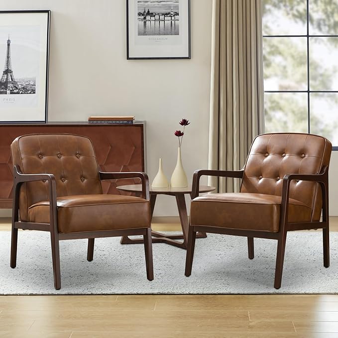 Faux Leather Accent Chair Set of 2, Mid Century Chair for Living Room, Upholstered Comfy Lounge Armchair with Solid Wood Frame, Modern Chair for Bedroom,105°Ergonomic Comfort, Brown