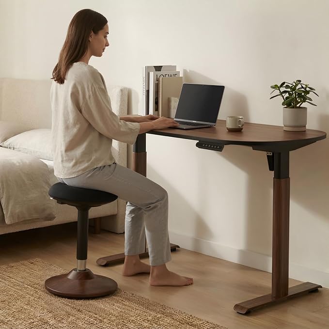 Electric Standing Desk 55x24, One-Piece Walnut Desktop, Height Adjustable Sit Stand Workstation with Quiet Motor & Memory Presets, Oval Leg Home Office Standing Desk, Anti-Collision, Minimalist Design