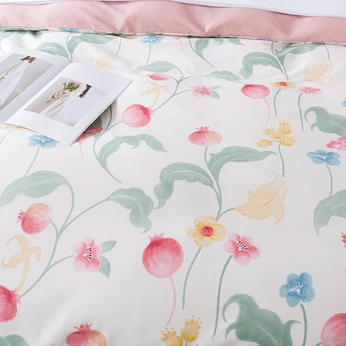 HoneiLife Cotton Duvet Cover King - Fruits Comforter Cover 3-PC, Botanical Bedlinen Set with Zipper Closure & Corner Ties, Pomegranate Comforter Cover Sets