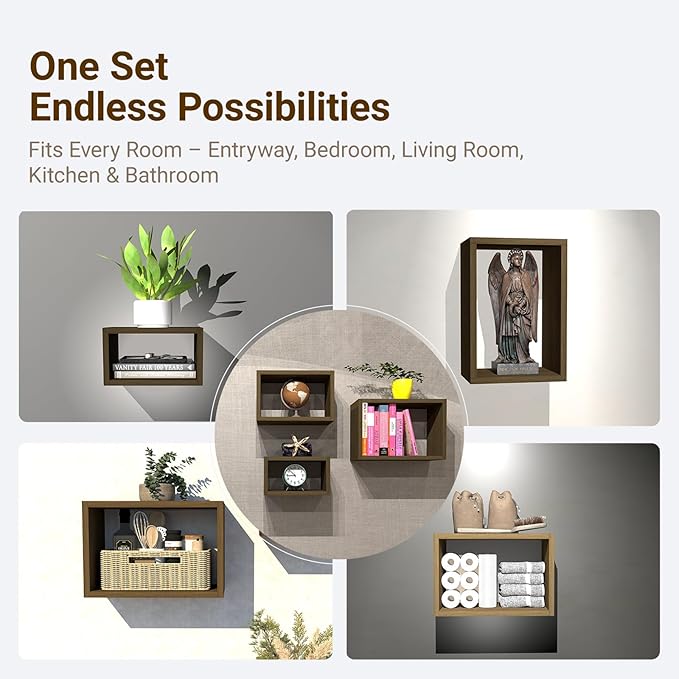 Premium Black Walnut Floating Cube Shelves, Eco-Friendly Wood Box-Style Wall Storage Display Set of 3 — Pre-Assembled, Ready to Use, Modern Decorative Wall Shelf Units for Living Room, Bedroom &Office
