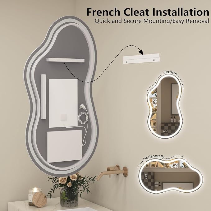 60x32 Inch Irregular Cloud LED Bathroom Mirror with Lights, Asymmetrical Lighted Vanity Mirror for Wall, Anti-Fog, Dimmable, Memory, 3 Colors (Horizontal/Vertical)