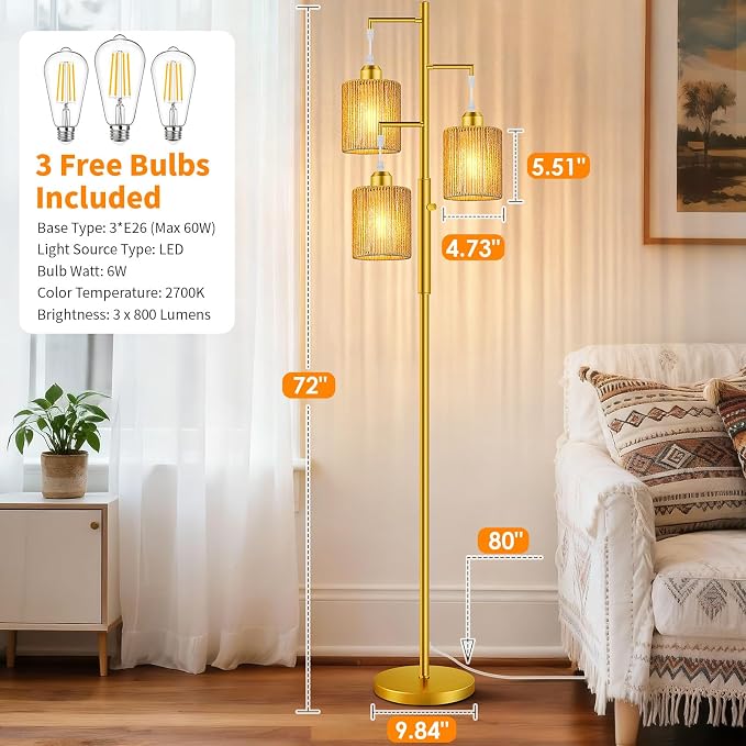 Hotsonic 72" Tall Boho Rattan Style Floor Lamp with Hand-Woven Paper Cord Shade, Dimmable Industrial Tree Standing Lamp for Living Room, Bedroom, Study Room, Office (3 x 800LM Bulbs Included) - Gold